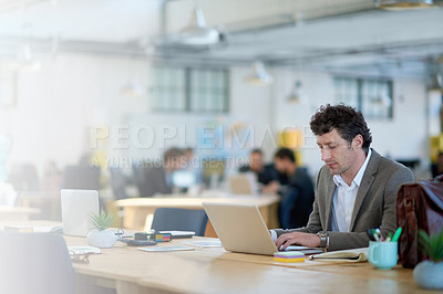 Buy stock photo Laptop, employee and man typing for sales in startup, business and corporate company. Workplace, bookkeeper and male person working with technology, online and internet in office with notebook