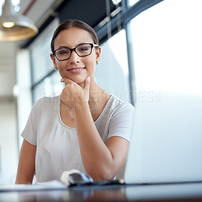Buy stock photo Woman, office and laptop with idea, portrait and professional startup for creative agency. Entrepreneur, technology and business with thinking, web design and online connectivity for career or job