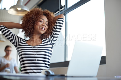 Buy stock photo Black woman, relax at desk and happy with stretching, progress and productivity with tasks at startup. Graphic designer with project laptop, deadline and break at office, done or complete with smile