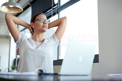 Buy stock photo Woman, relax at work and thinking of ideas for project, problem solving and solution with deadline at startup. Brainstorming, inspiration and mindfulness with break at desk, rest and calm at office