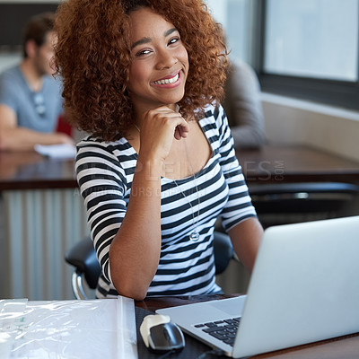 Buy stock photo Technology, smile and portrait black woman with laptop in office, workspace and staff in creative career. Female person, internship and journalist for magazine, newspaper and online publication