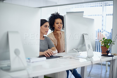 Buy stock photo Creative, business and partner on computer in office with conversation as graphic designer for research or ideas of company growth. Woman, team and digital technology to review finance report on pc