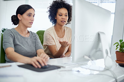 Buy stock photo Creative, business and woman on computer in office as web designer for teamwork on digital technology for project design. Employee, staff and pc as developer with research on feedback report for work