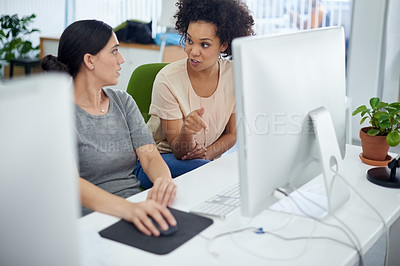 Buy stock photo Businesswoman, partner and computer in office as team or web designer talking with digital technology for creative project. People, pc and developer with research or feedback on report for agency