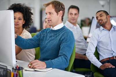 Buy stock photo Collaboration, computer and web design with group of business people in office for assistance or help. Diversity, teamwork and question with employee man at work on desktop pc for project management 