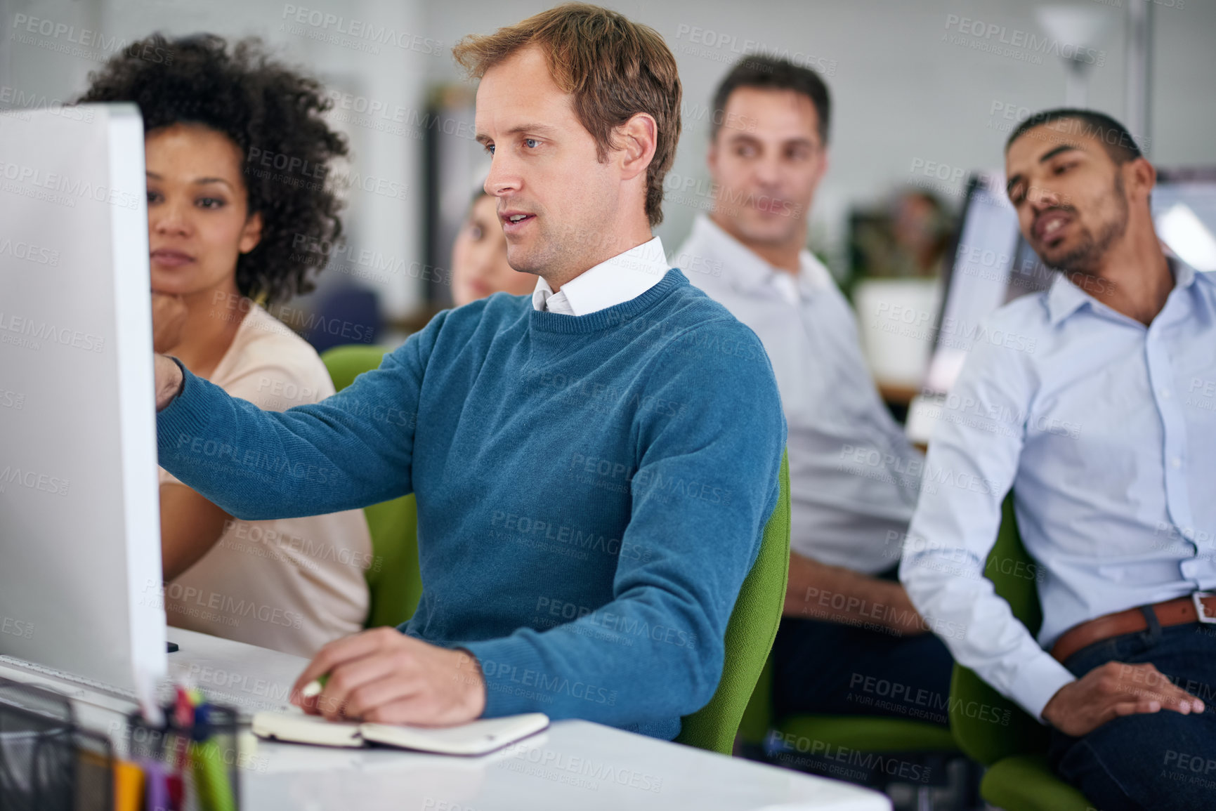 Buy stock photo Collaboration, computer and web design with group of business people in office for assistance or help. Diversity, teamwork and question with employee man at work on desktop pc for project management 