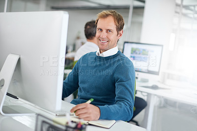 Buy stock photo Professional, portrait and business man in office with computer for project planning, research or searching web. Analyst, desktop and employee at desk for concentration, taking notes or information