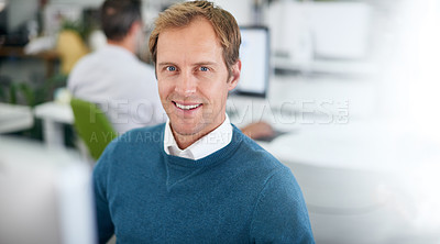 Buy stock photo Portrait, businessman and computer in modern office for coding, web development and programming. Male person, software and pride at desk for engineering, technology and data processing for company