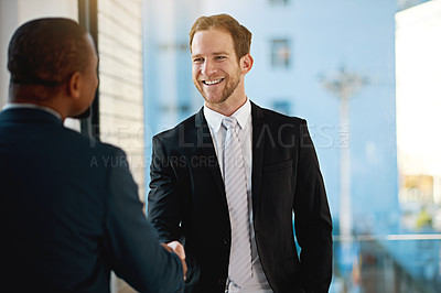 Buy stock photo Shaking hands, partnership and business men in office with b2b deal, greeting or introduction for meeting. Corporate, professional and financial advisors with handshake for agreement in workplace.
