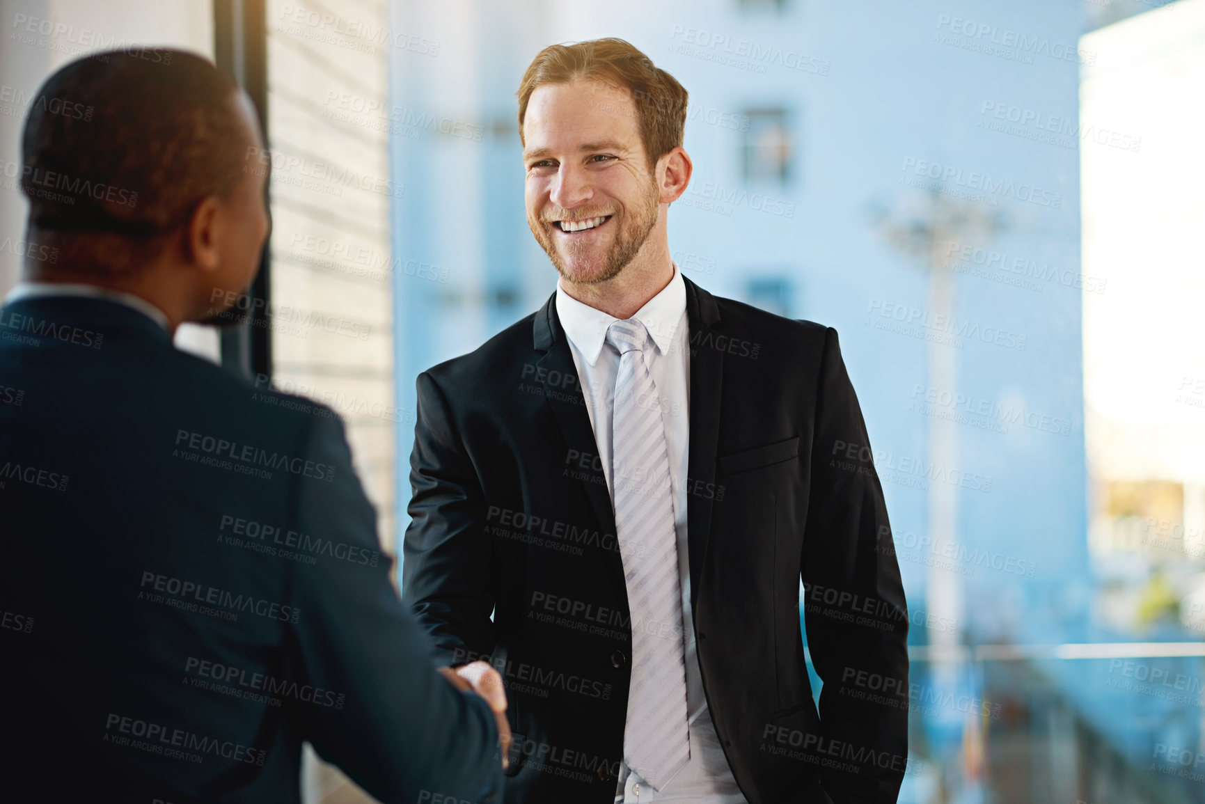 Buy stock photo Shaking hands, partnership and business men in office with b2b deal, greeting or introduction for meeting. Corporate, professional and financial advisors with handshake for agreement in workplace.