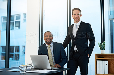 Buy stock photo Portrait, lawyers or business people with laptop at law firm for consulting, legal advice or networking. Collaboration, teamwork or happy attorneys on technology for schedule, news or feedback review