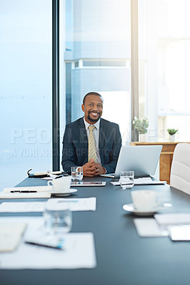 Buy stock photo Portrait, business and smile of black man in office at table on laptop for corporate job in Nigeria. Face, happy and African professional entrepreneur, employee or confident attorney in suit for work