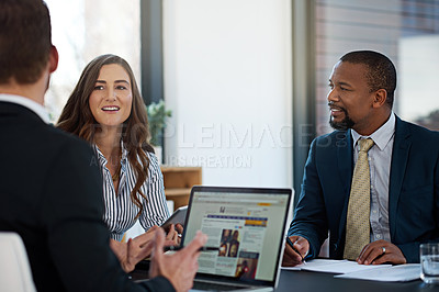 Buy stock photo Teamwork, lawyers or business people on laptop for news at law firm for consulting, legal advice or meeting. Collaboration, group or attorneys on technology for schedule update or feedback review
