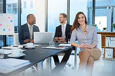 Buy stock photo Portrait, business woman, and meeting at table for budget report, finance, office and analysis for progress. Financial advisor, accountant and strategy for company growth, teamwork and planning  
