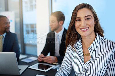Buy stock photo Portrait, happy and business woman in office meeting for leadership, coworking and about us. Face, consultant and smile professional entrepreneur, employee and confident manager with team at work