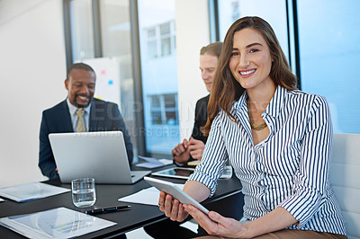 Buy stock photo Portrait, happy and business woman on tablet in office meeting for leadership, coworking and about us. Face, financial advisor and entrepreneur on digital tech, employee and manager with work team