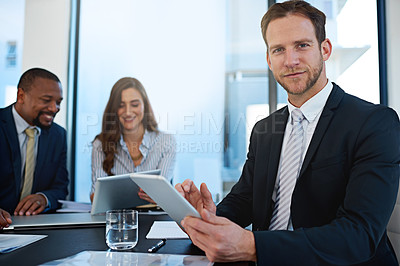 Buy stock photo Portrait, tablet and business man in office meeting for coworking, about us and corporate leadership in company. Face, consultant and entrepreneur on digital tech, staff and manager with work team