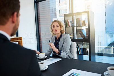 Buy stock photo Woman, manager and talking in office with paperwork, communication for statistics report and project planning. Corporate, business employee and collaboration for discussion, documents and career