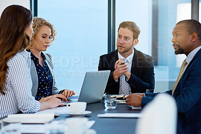 Buy stock photo Business, meeting and team with laptop in boardroom, brainstorming and communication for company project. Employee, tech and typing for minutes or agenda record, collaboration and workplace group
