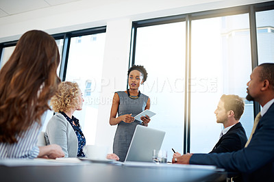 Buy stock photo Business presentation, black woman or speaker on tablet for teaching, advice or skill development in meeting. Group, workshop or leader talking in pitch, training or coaching for learning opportunity
