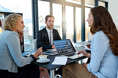 Buy stock photo Teamwork, lawyers or business people on laptop in conversation or meeting for law firm consulting. Legal advice, planning or attorneys talking in group discussion for news update or feedback review