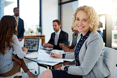 Buy stock photo Woman, lawyer and documents in portrait by group with negotiation, investigation and lead in legal career. Attorney, advocate or person with paperwork in office at corporate law firm for consultation