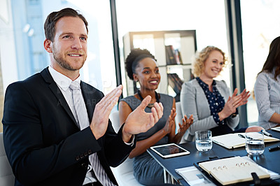 Buy stock photo Applause, meeting and business people in office for corporate finance seminar or workshop. Happy, teamwork and group of financial advisors clapping hands for conference, presentation or training.