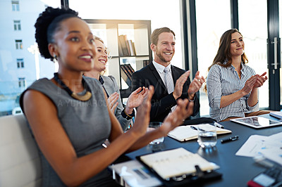 Buy stock photo Clapping hands, seminar and business people in office for corporate finance presentation or workshop. Happy, teamwork and group of financial advisors with applause for conference, meeting or training