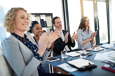 Buy stock photo Clapping hands, meeting and business people in office for corporate finance seminar or workshop. Happy, teamwork and group of financial advisors with applause for conference, presentation or training