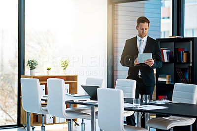 Buy stock photo Business, man and tablet in boardroom for internet or search, information and networking as broker. Entrepreneur, corporate and communication with online results, ideas and meeting preparation