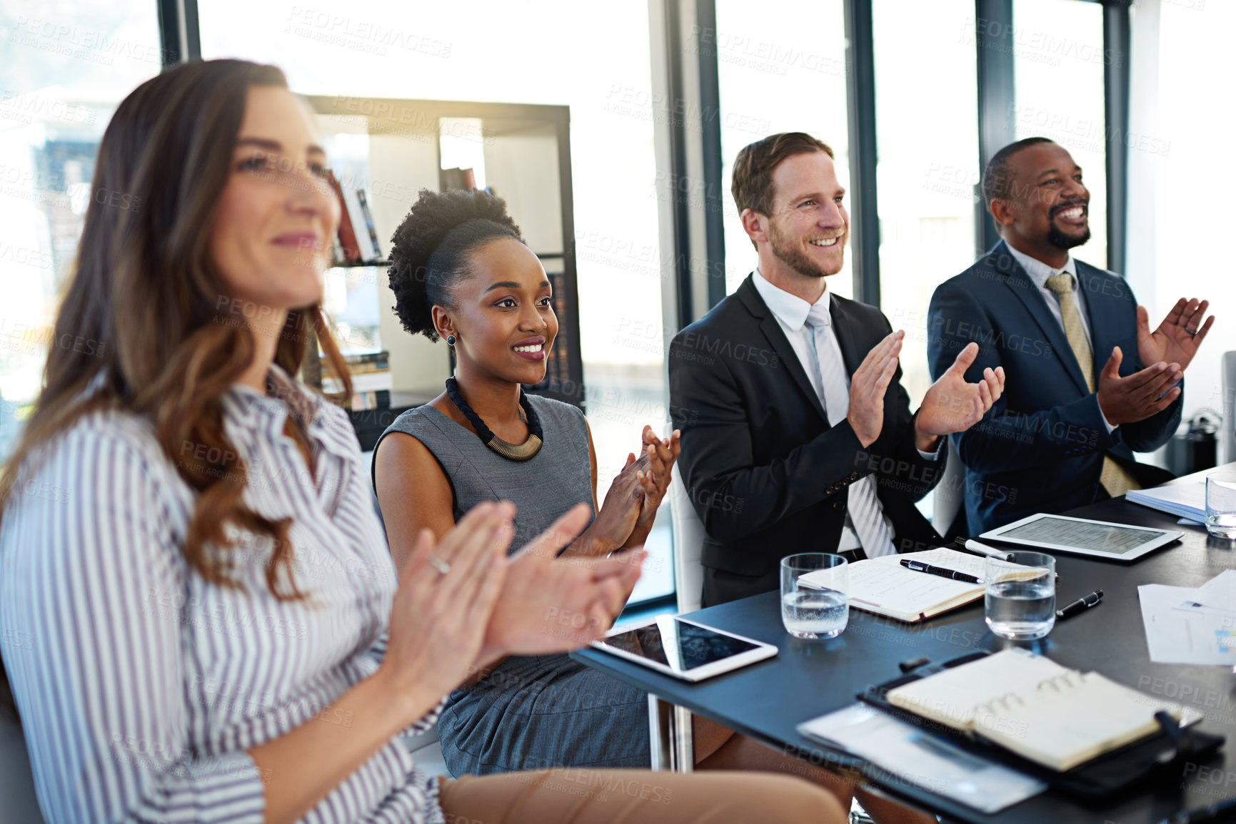 Buy stock photo Applause, diversity and business people at presentation in office for corporate finance seminar or workshop. Happy, teamwork and group of financial advisors clapping hands for conference or meeting.