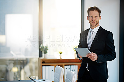 Buy stock photo Portrait, tablet and business man in office, company or workplace for corporate job in London. Digital, smile and professional entrepreneur on tech, employee and confident attorney in suit for work