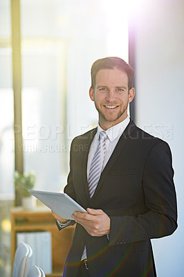 Buy stock photo Portrait, smile and business man on tablet in office, company or workplace for corporate job in Ireland. Face, happy and professional entrepreneur on digital tech, employee or broker in suit on flare