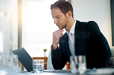 Buy stock photo Businessman, laptop and office for thinking, research and internet for online email. Broker, technology and professional workplace for social network, clients and company employee or manager