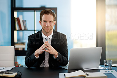 Buy stock photo Portrait, confidence and business man in office on laptop at table for corporate job in Switzerland. Face, consultant and professional entrepreneur at desk, employee or worker in suit at company