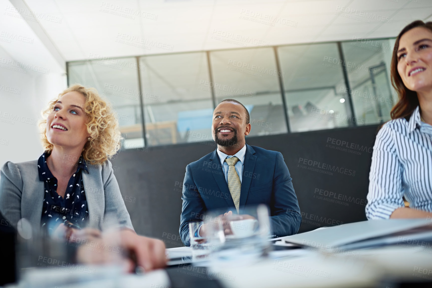 Buy stock photo Happy business people, conference or audience in seminar, workshop or meeting for training or coaching. Diversity, staff and crowd at presentation or convention for education, knowledge or learning