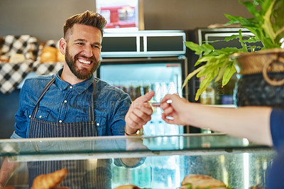 Buy stock photo Credit card, barista or waiter smile in coffee shop with customer for payment, transaction and purchase at cafe. Restaurant, male employee and person buying for checkout, pos and small business sale