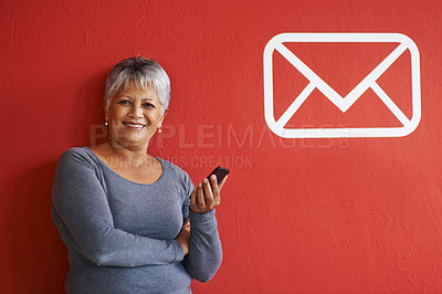 Buy stock photo Portrait, woman and cellphone with message in mockup, notification and text on smartphone for networking. Elderly person, smile and happy with mobile for communication, connectivity with technology
