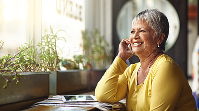 Buy stock photo Phone call, restaurant and senior happy woman talking on cellphone discussion, communication or cafe chat. Communication, coffee shop customer and elderly person consulting, smile or talk in store