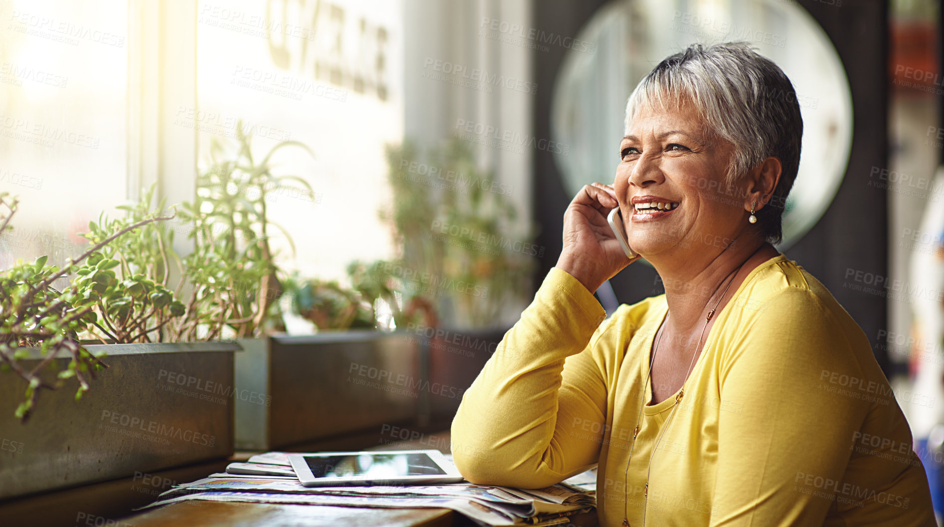 Buy stock photo Phone call, restaurant and senior happy woman talking on cellphone discussion, communication or cafe chat. Communication, coffee shop customer and elderly person consulting, smile or talk in store