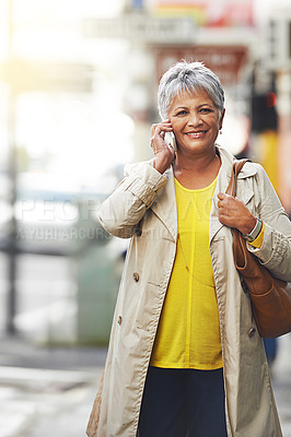 Buy stock photo Phone call, portrait and senior woman walking, travel or on urban city commute while talking on cellphone. Happy, conversation and elderly person consulting, networking or talk on mobile smartphone