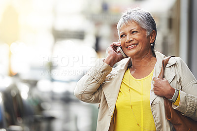 Buy stock photo Phone call, conversation and elderly happy woman on urban city commute, travel and talking to cellphone contact. Communication mockup, walking and senior person consulting, speaking or chat on mobile