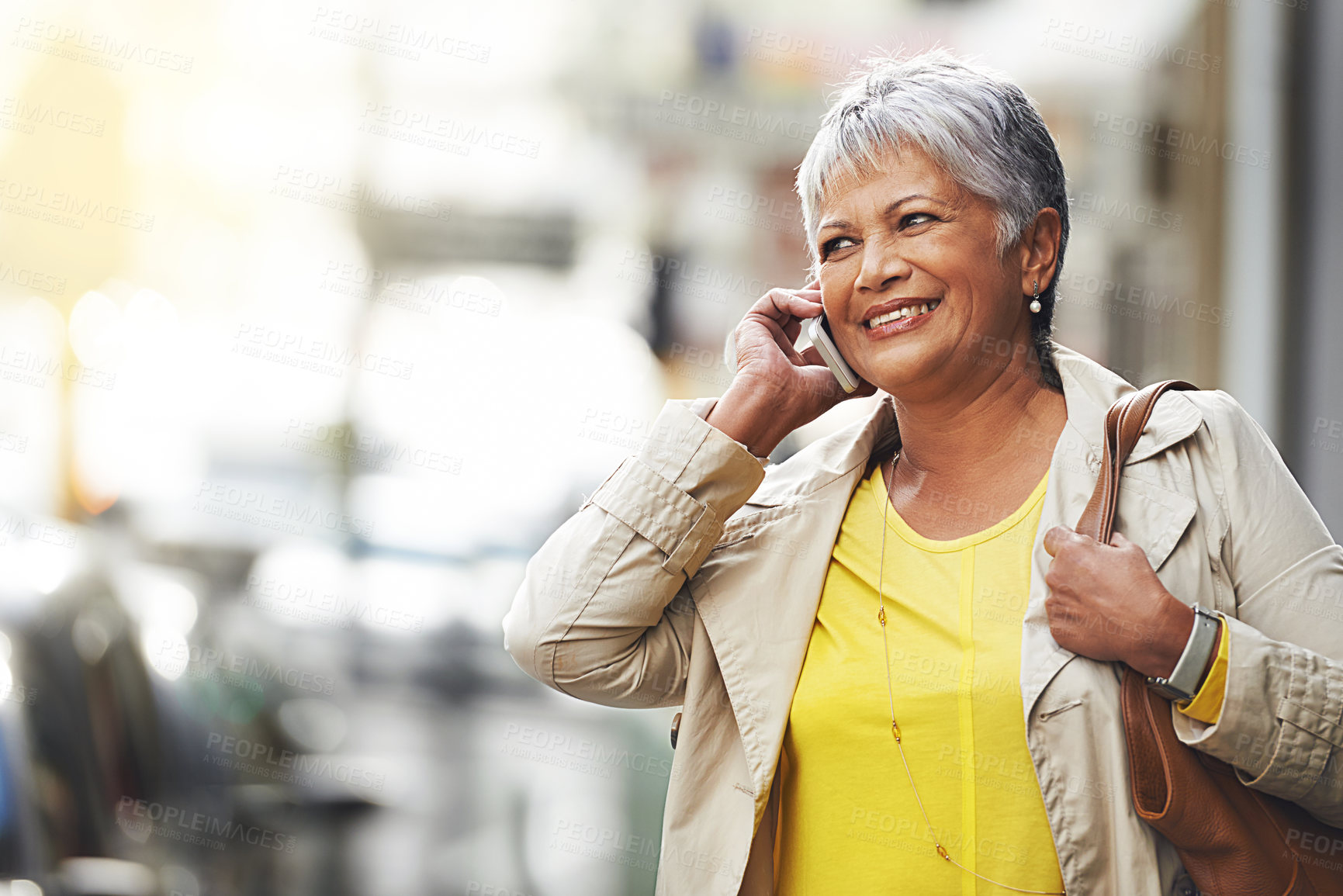 Buy stock photo Phone call, conversation and elderly happy woman on urban city commute, travel and talking to cellphone contact. Communication mockup, walking and senior person consulting, speaking or chat on mobile