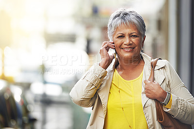 Buy stock photo Phone call, portrait and elderly happy woman on urban road, commute and talking to retirement contact. City travel, discussion and senior person consulting, speaking and walking on street sidewalk