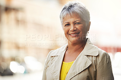 Buy stock photo Senior woman, smile and portrait in city or sidewalk for relax and travel for retirement on mockup. Pensioner or elderly person with happiness in urban or street for trip and break in outdoors