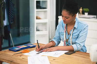 Buy stock photo Woman, startup and sketching in workspace for fashion design or clothes, creative with paper. Female entrepreneur, drawing and pattern for client with style or vision, working for growth in company