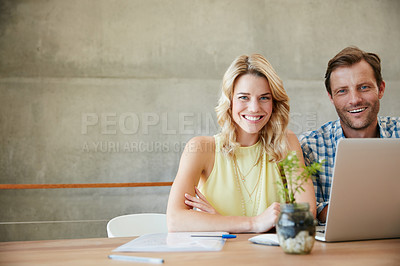 Buy stock photo Portrait of a happy couple doing their budgeting together at home