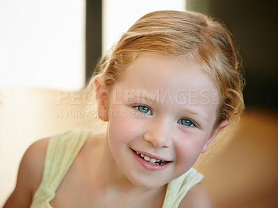 Buy stock photo Cropped portrait of a cute little girl standing in her home