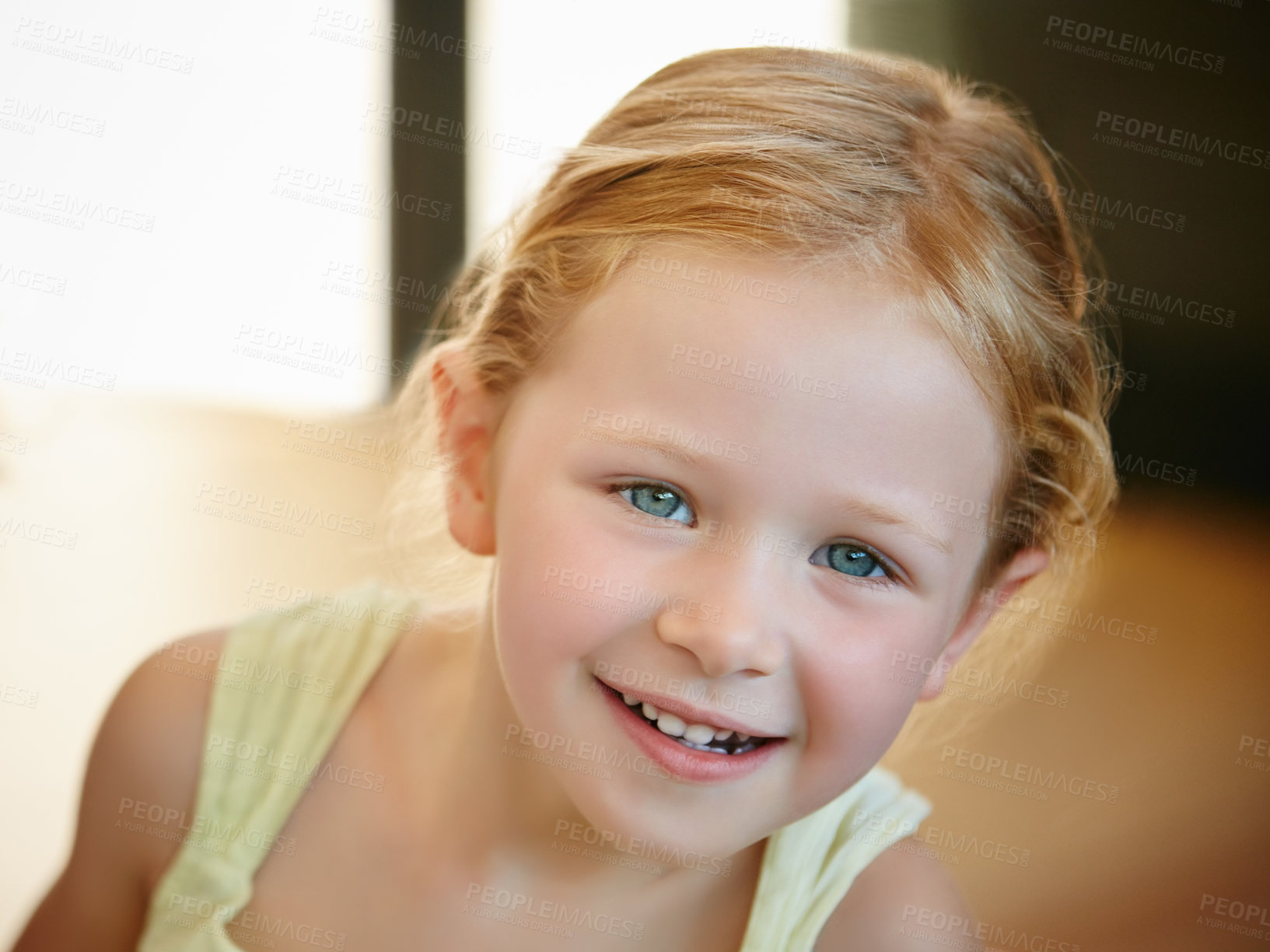 Buy stock photo Cropped portrait of a cute little girl standing in her home