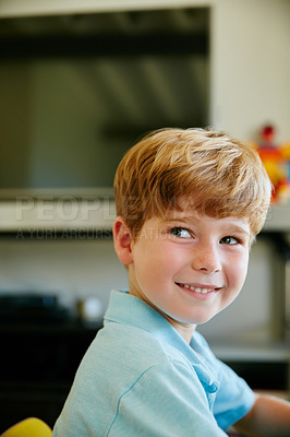 Buy stock photo Cropped shot of a cute little boy at home